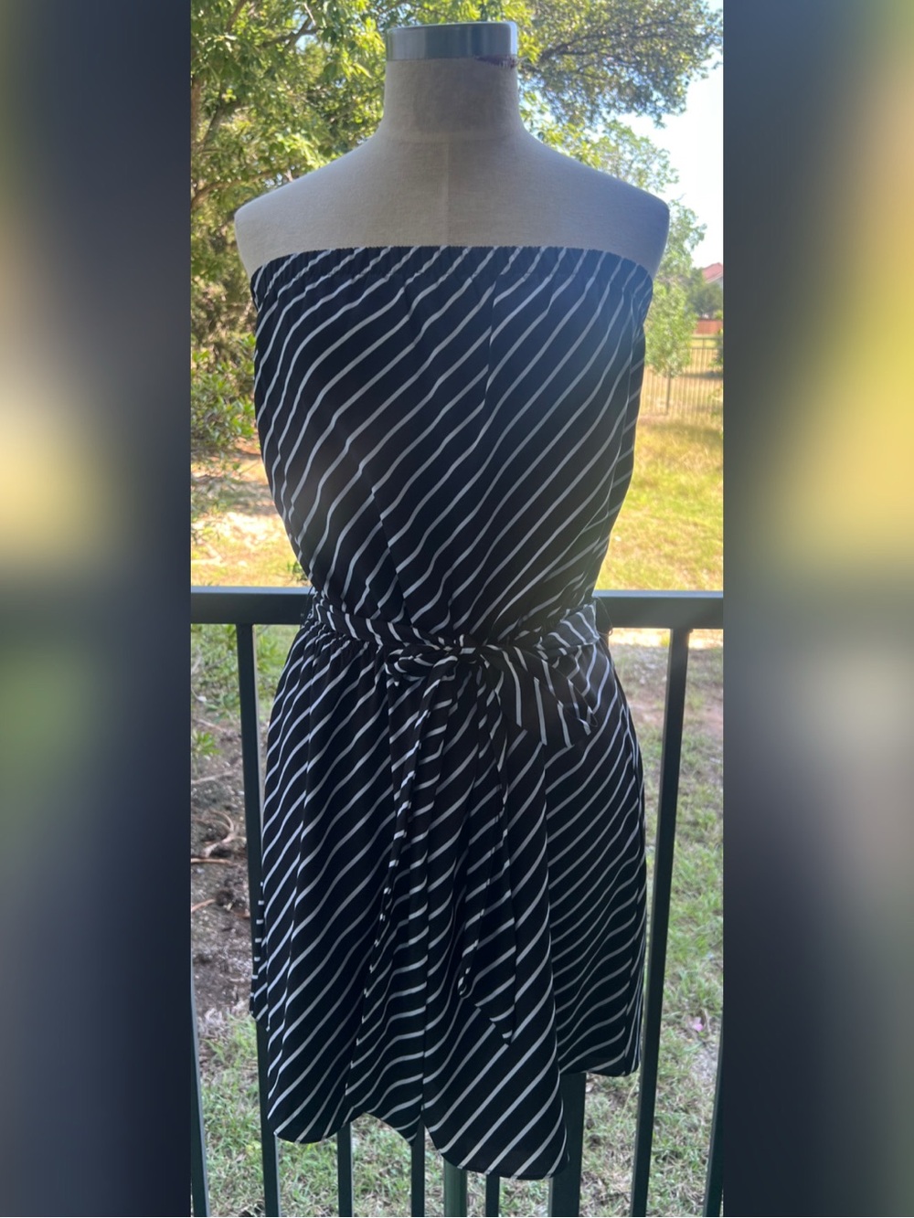 Express Strapless Black & White Striped Tie-Waist Dress